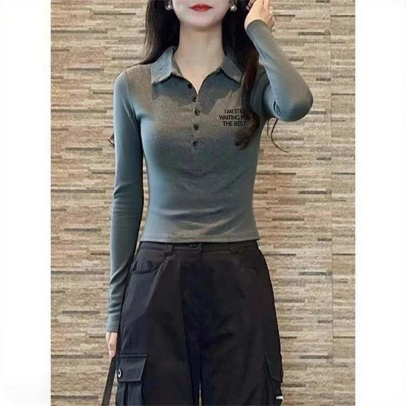 辣妹纯欲POLO翻领短款长袖T恤女2025春秋正肩修身内搭打底衫上衣
