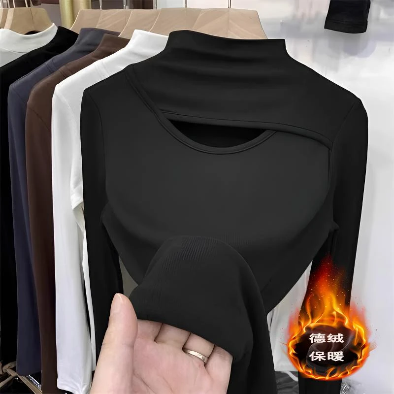 半高领白色镂空别致打底衫女2025秋冬独特打底内搭外穿设计感上衣