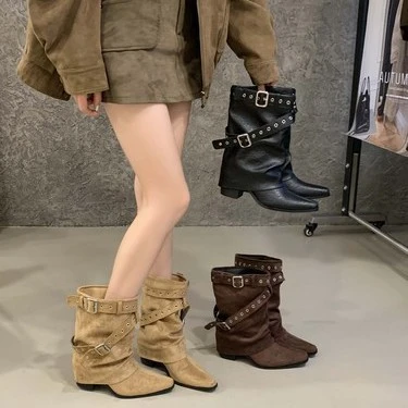 美式辣妹皮带扣裤管靴短筒靴女靴2025秋冬新款小众设计短靴西部靴