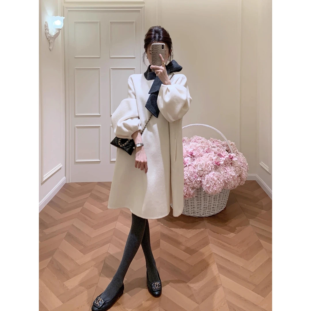 法式赫本风白色毛呢外套女蝴蝶结中长款高级感气质大衣宽松秋冬季