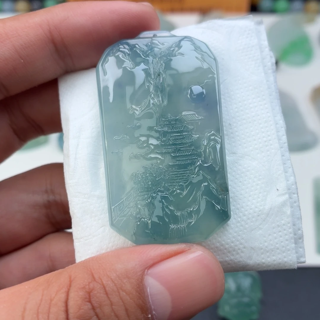 定制翡翠未镶嵌蓝紫春彩山水
