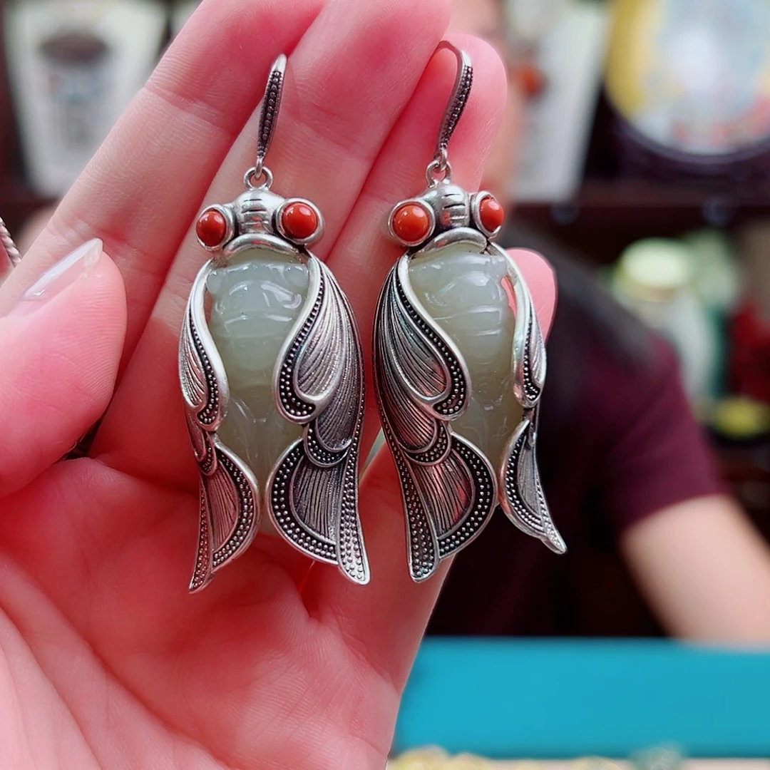 挂件翡翠银S925镶嵌耳环