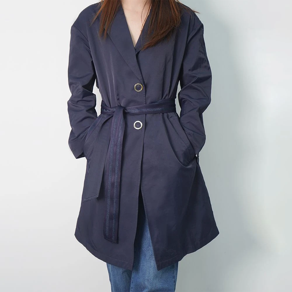 LUDICO新款蓝色长风衣气质大衣收腰中长款外套