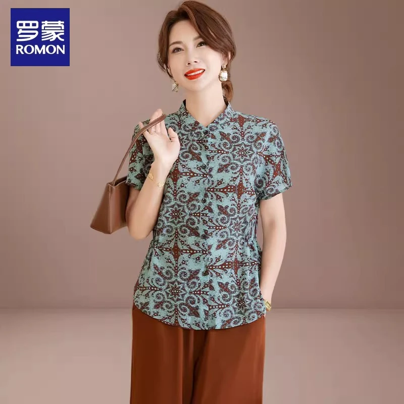 罗蒙妈妈夏装上衣2025新款高级小众不撞款套装中老年女士短袖t恤