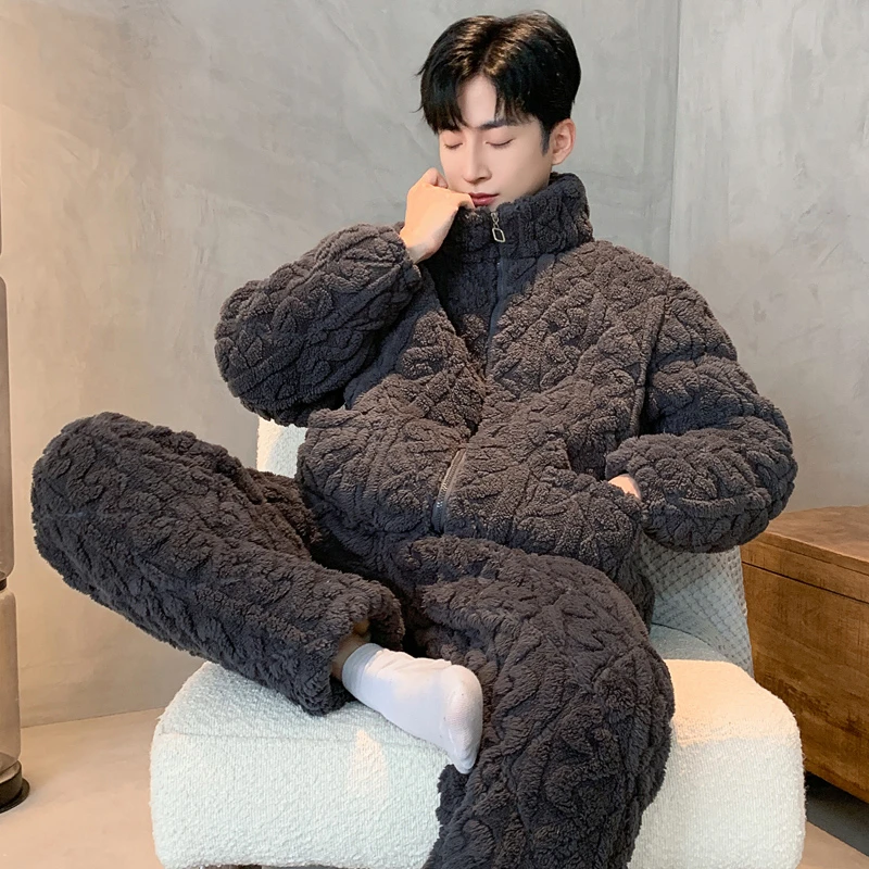 三层夹棉冬季男士睡衣珊瑚绒套装加厚加绒法兰绒家居服可外穿JX