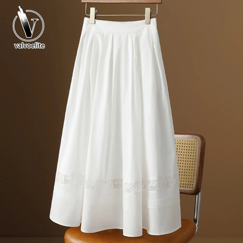 VALVOELITE高腰仙女白色半身裙女春高端蕾丝镂空拼接大摆伞裙百搭