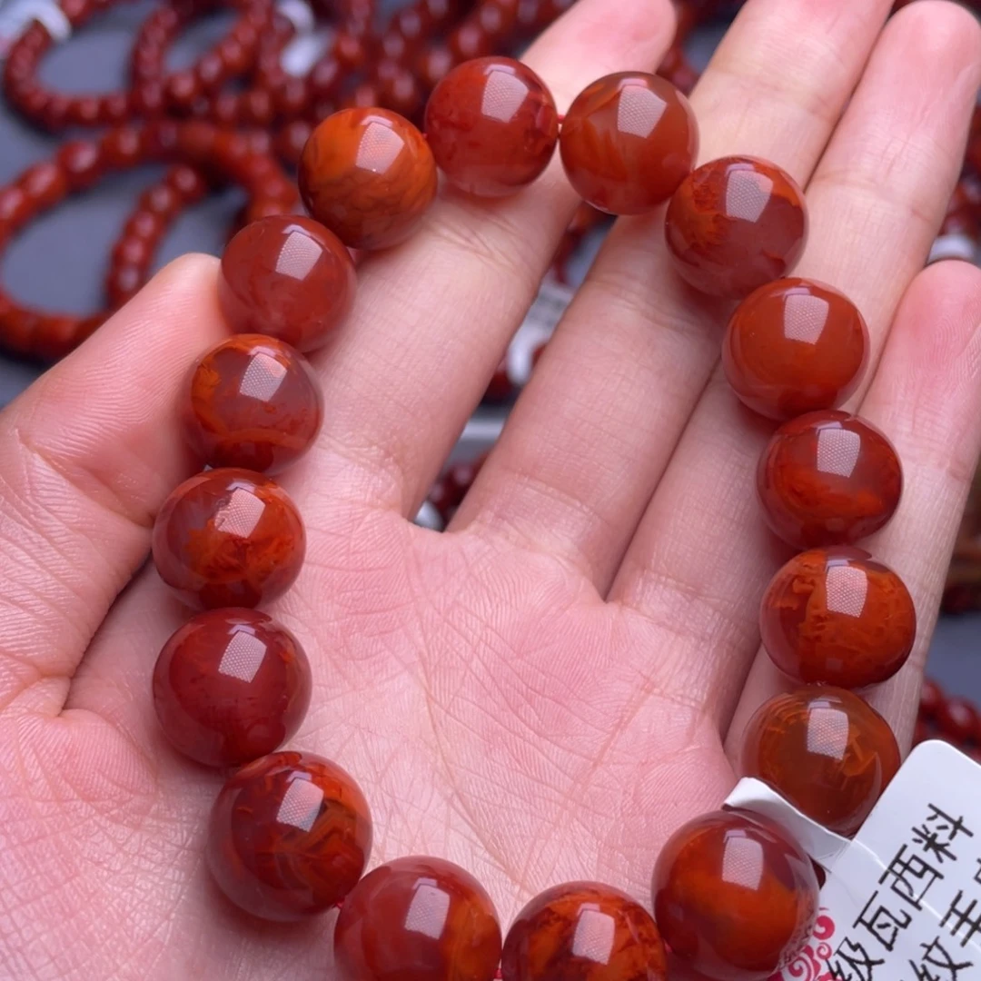 南红玛瑙未镶嵌其他13mm精品瓦西玫红火焰纹圆珠手串