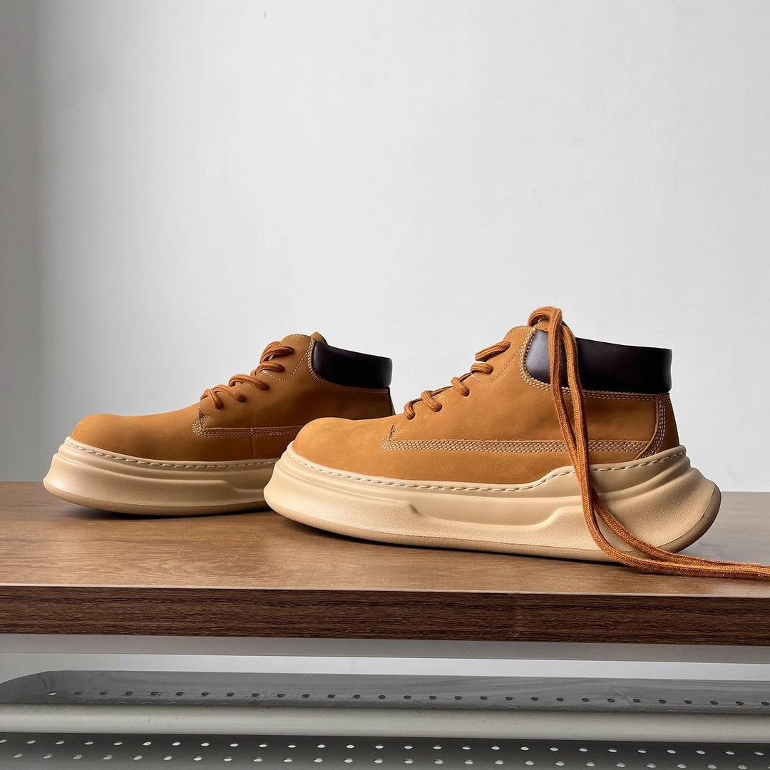 板鞋男设计款小众高帮男鞋层牛皮时尚休闲鞋厚底轻便日系马丁靴秋