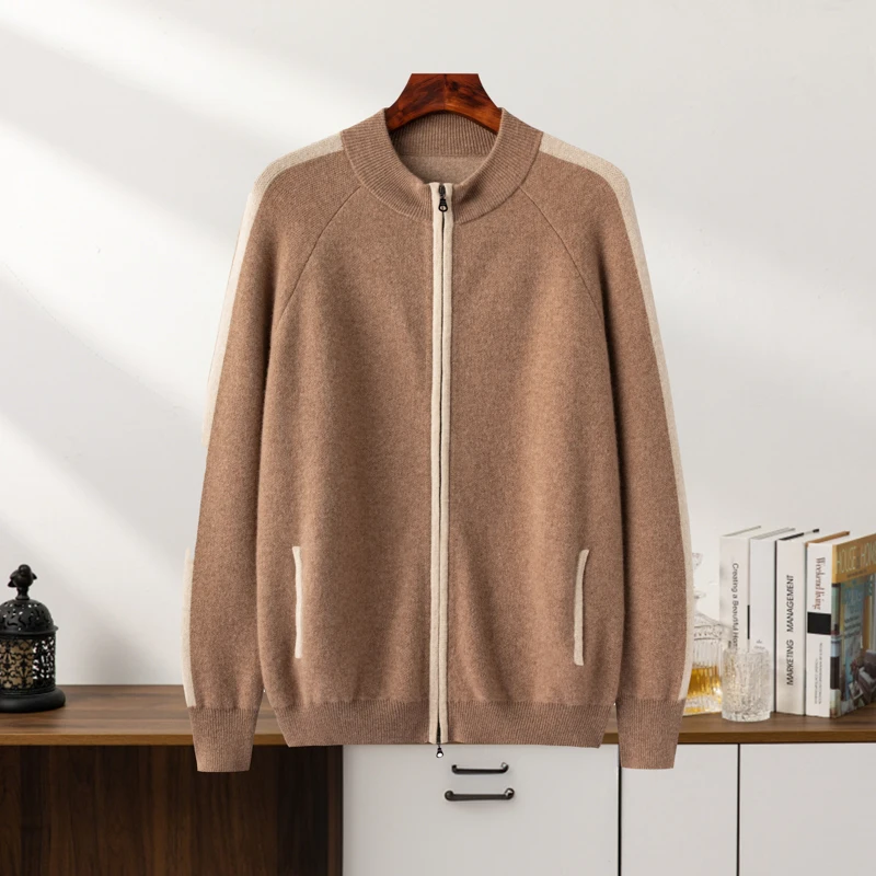 【秋冬上新】男士640克纯山羊绒衫半高领长袖双色加厚休闲拉链开衫