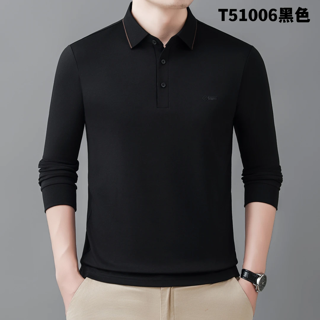 （商务男装）秋季T恤长袖翻领高档商务休闲中青年通勤穿搭纯色男士