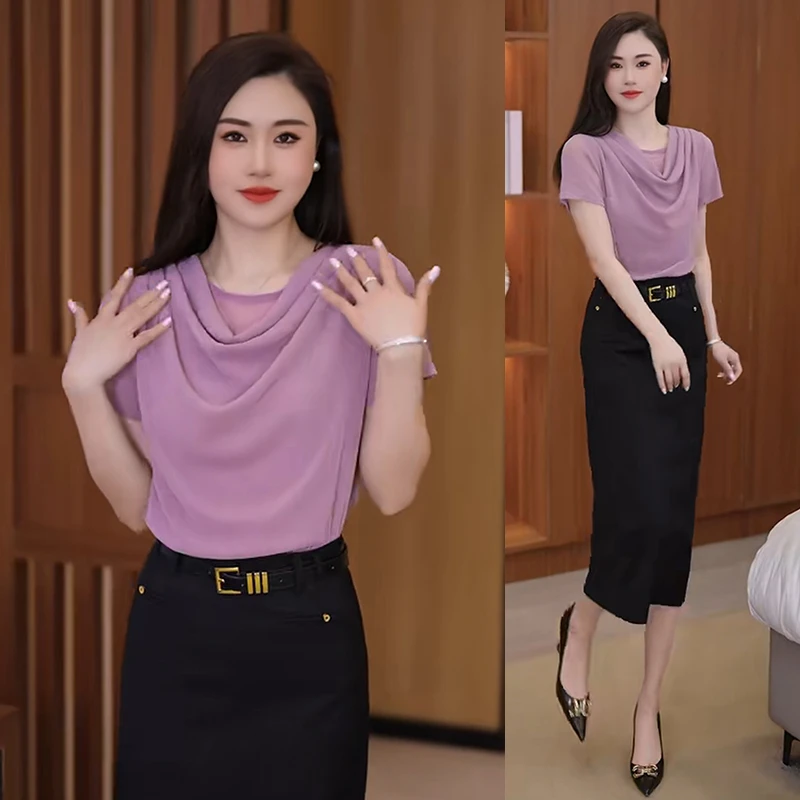 短袖T恤女2025年夏季新款时尚堆堆领网纱上衣减龄显瘦洋气质小衫