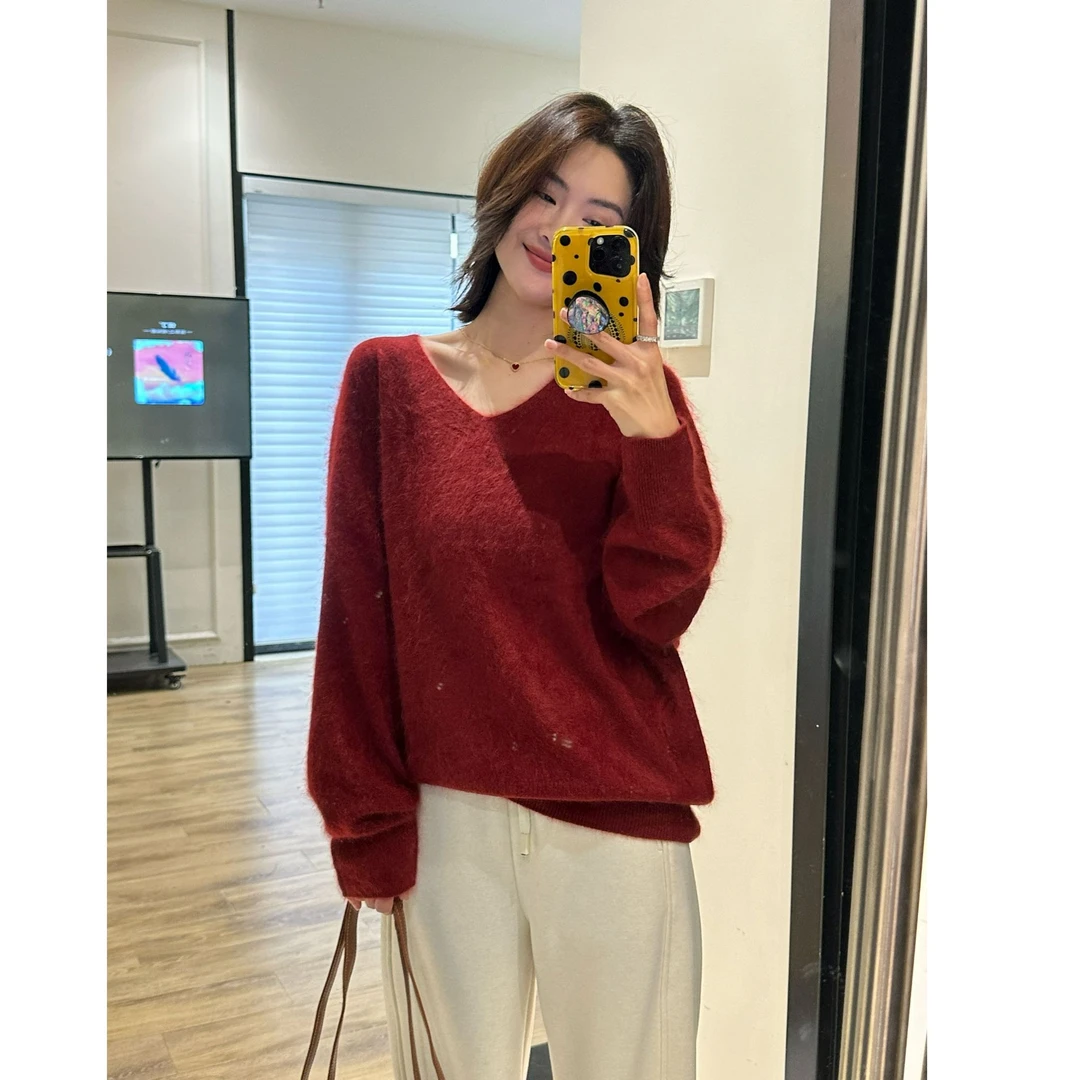 秋冬100山羊绒V领拉毛毛衣针织上衣