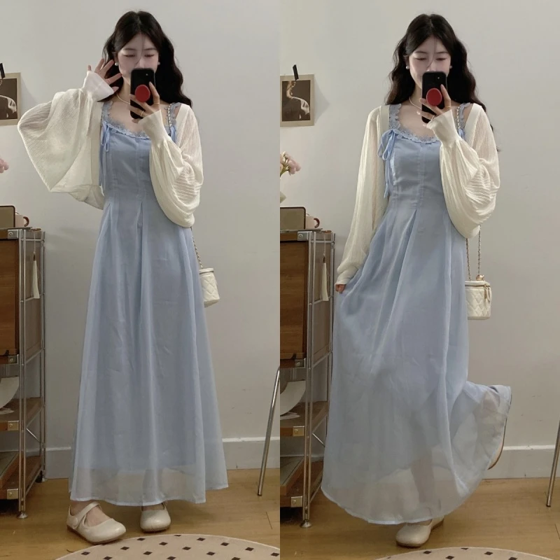 大码2025春夏季韩版高腰遮肚显瘦吊带连衣裙针织外搭气质法式穿搭