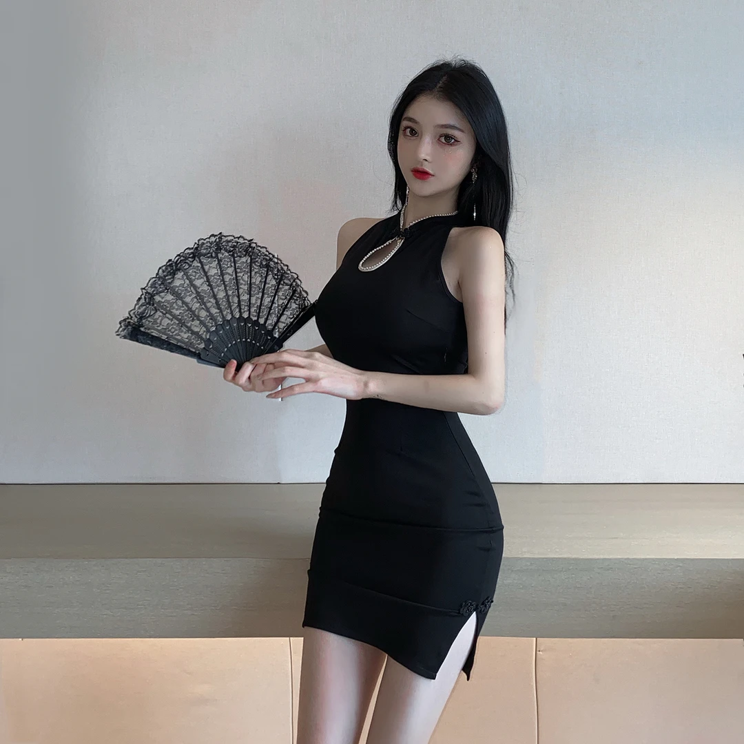 2080#性感镂空开叉连衣裙