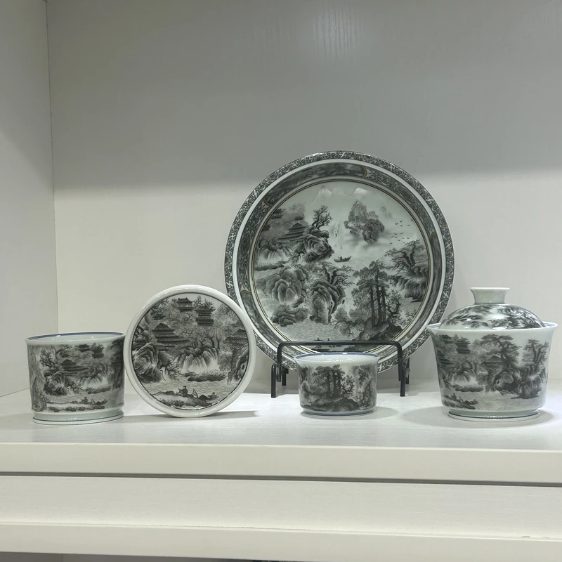 景德镇陶瓷墨彩春山图套组中式家用高端功夫茶具送礼茶具套组