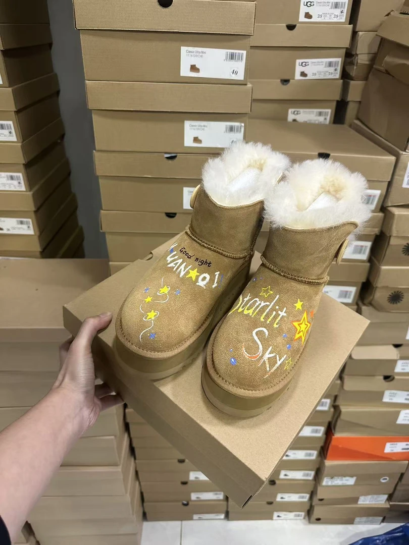 冬季新款韩版原创手绘AB款中筒原皮原毛雪地靴厚底保暖个性潮鞋