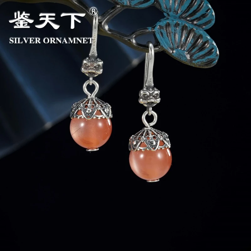 10mm樱桃南红圆珠狮头银耳饰07220262