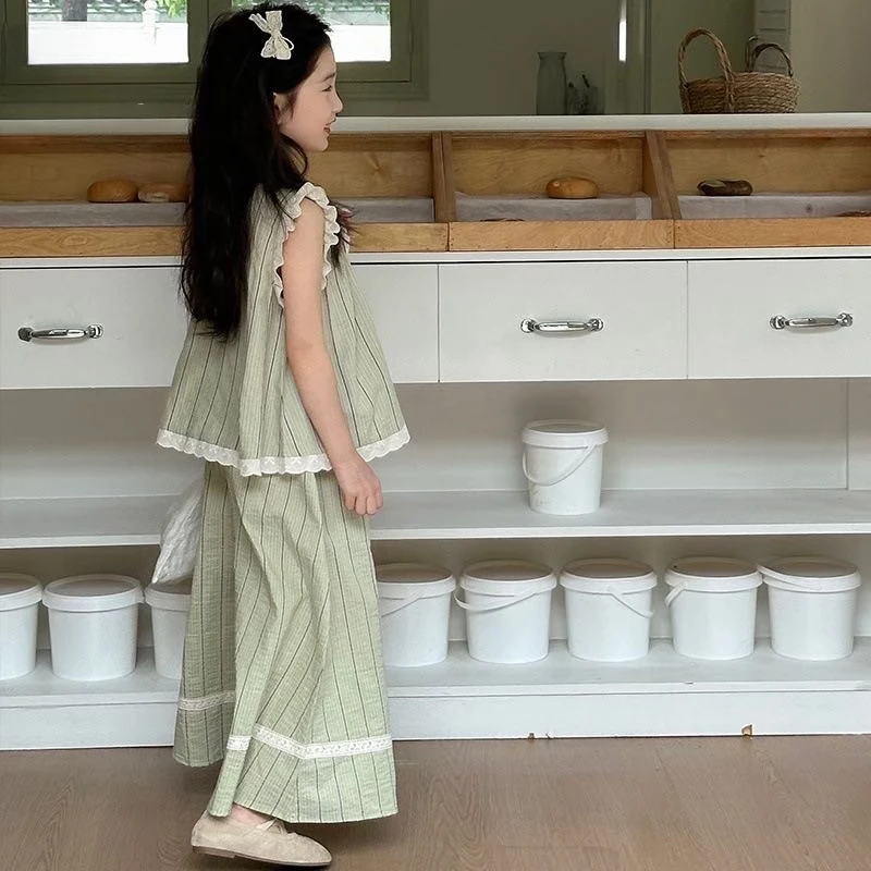 夏季韩版女童2025年新款中大童休闲女孩花边无袖上衣阔腿裤两件套