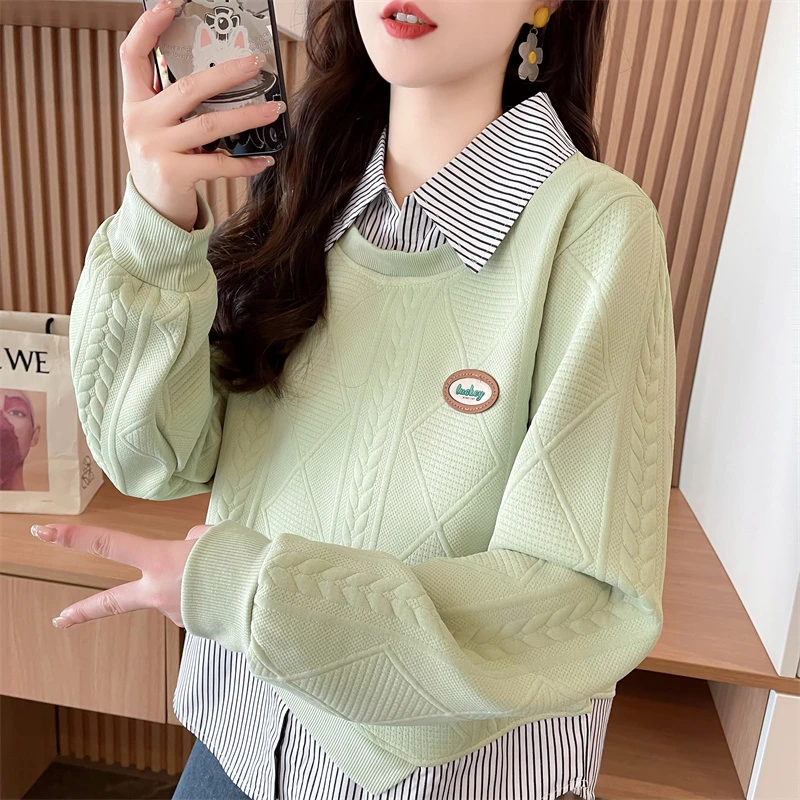 韩系ins风初高中学生卫衣女春秋新爆薄款假两件条纹拼接上衣宽松