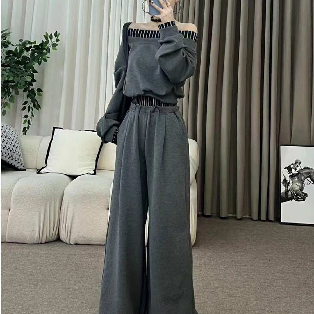 时尚休闲运动套装女2025秋季新款气质一字肩卫衣韩版休闲裤两件套