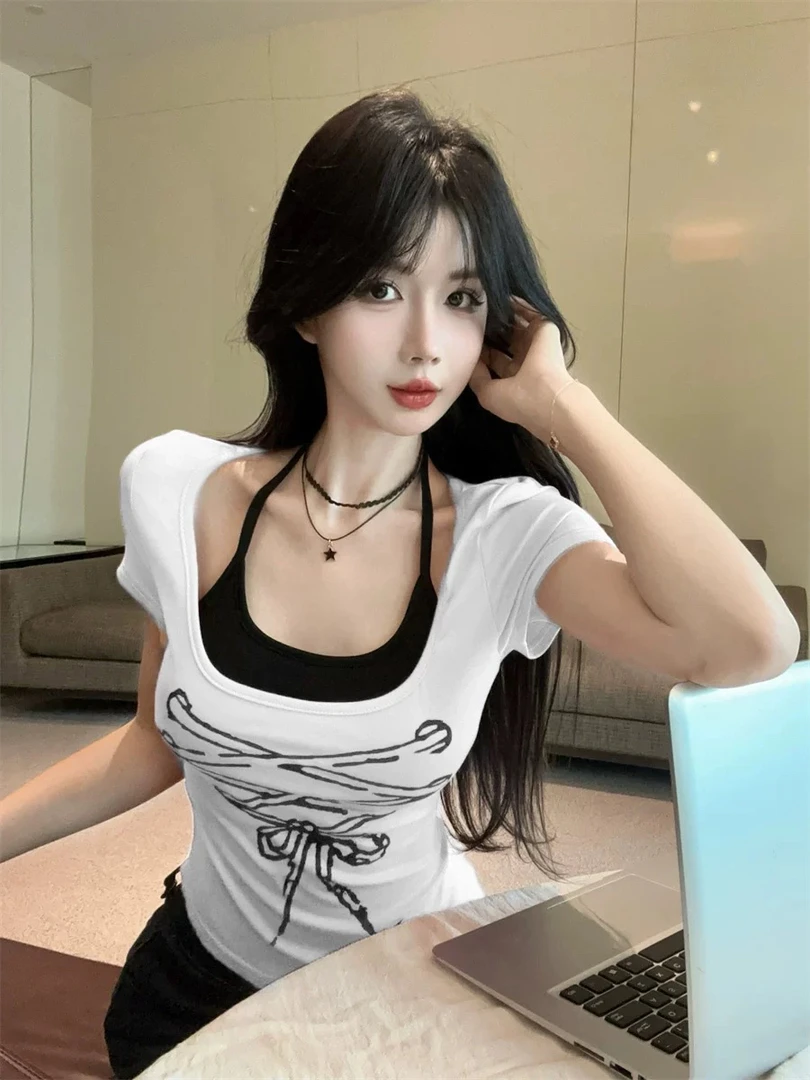 挂脖绑带不规则拼接假两件印花修身短袖T恤