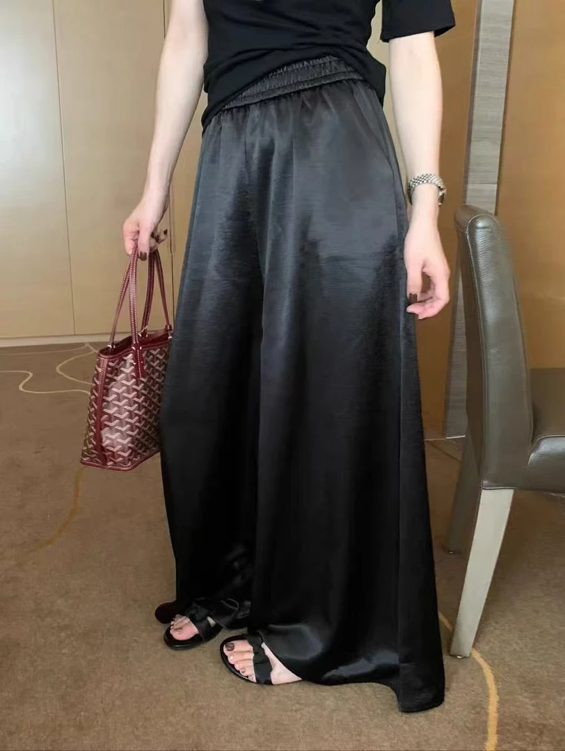 大码缎面光泽感休闲裤女2025早夏新款高腰直筒阔腿裤