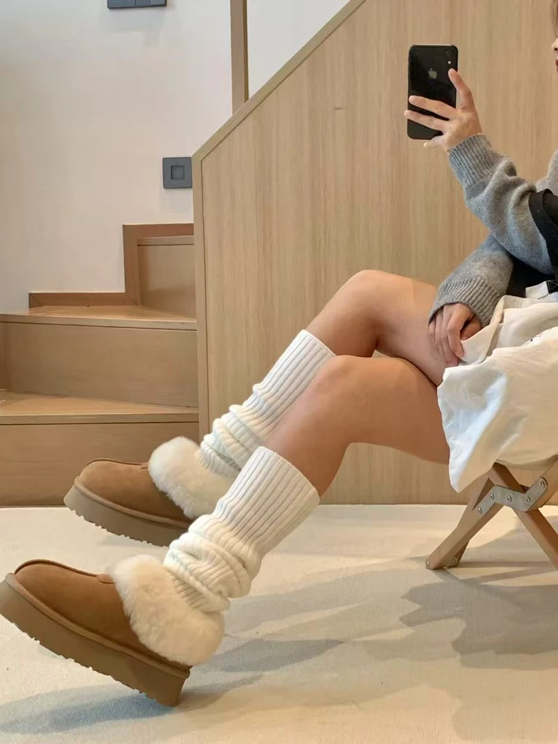 厚底塔次特4cm覆膜牛皮+羊皮毛一体雪地靴加厚雪地棉