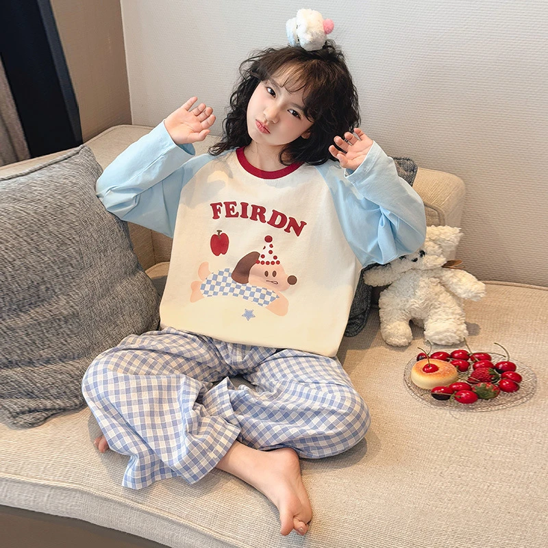 新款休闲格子家居服中大童春秋款卡通睡衣套装女孩纯棉居家亲子