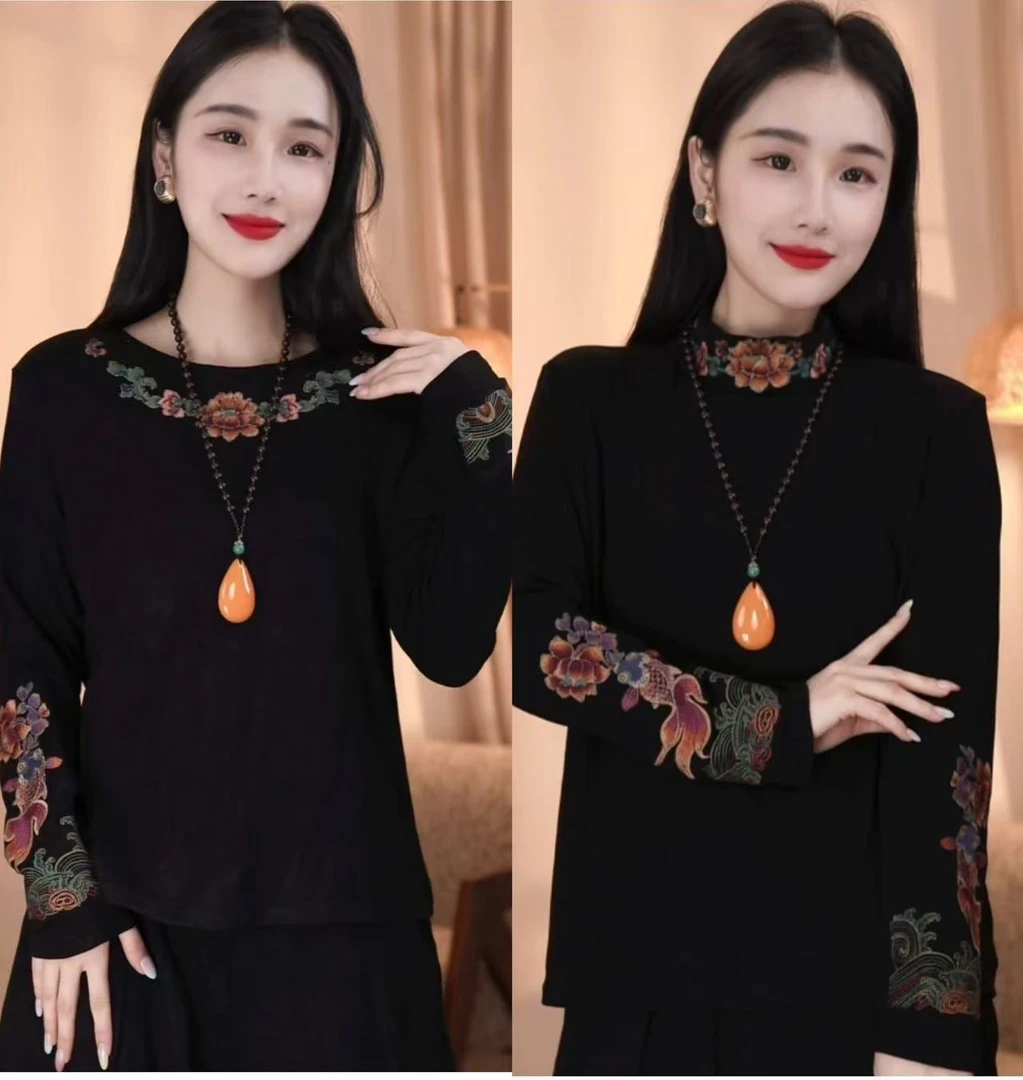 引卷  鲤鱼刺绣国风款秋季新款宽松版民族打底衫