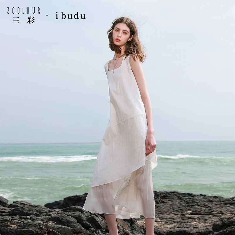 三彩ibudu2025夏季新款方领无袖假两件背心裙宽松连衣裙长裙女