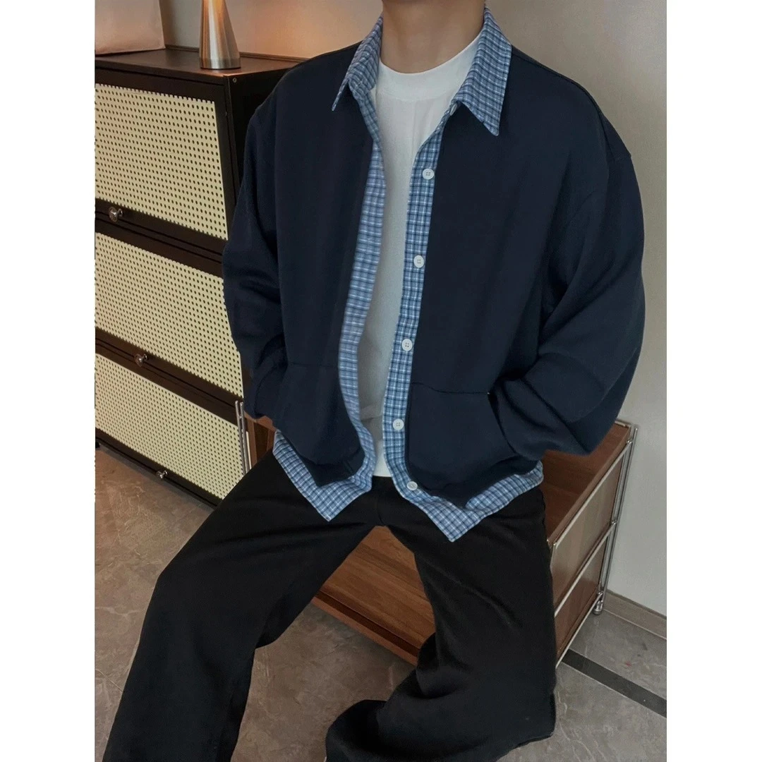 春秋新款上衣假两件男女同款格子拼接休闲卫衣潮流时尚宽松情侣装