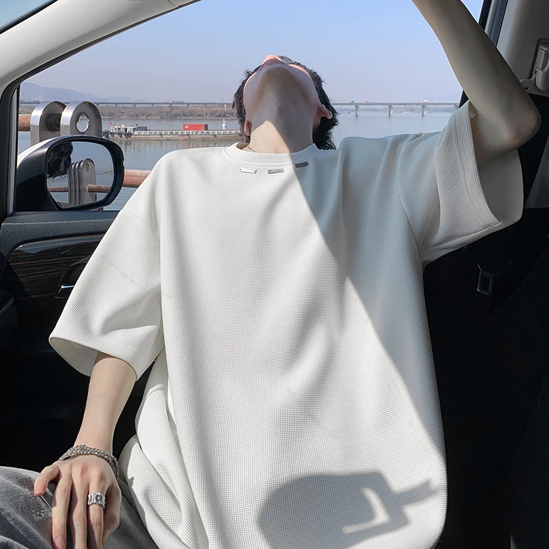 2025夏季新款华夫格T恤男生潮流美式高街痞帅高级感宽松圆领短袖