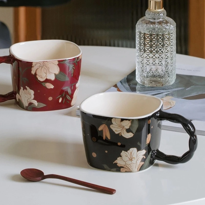 INS风花卉复古马克杯网红陶瓷高颜值大容量女生杯茶杯精致水杯子