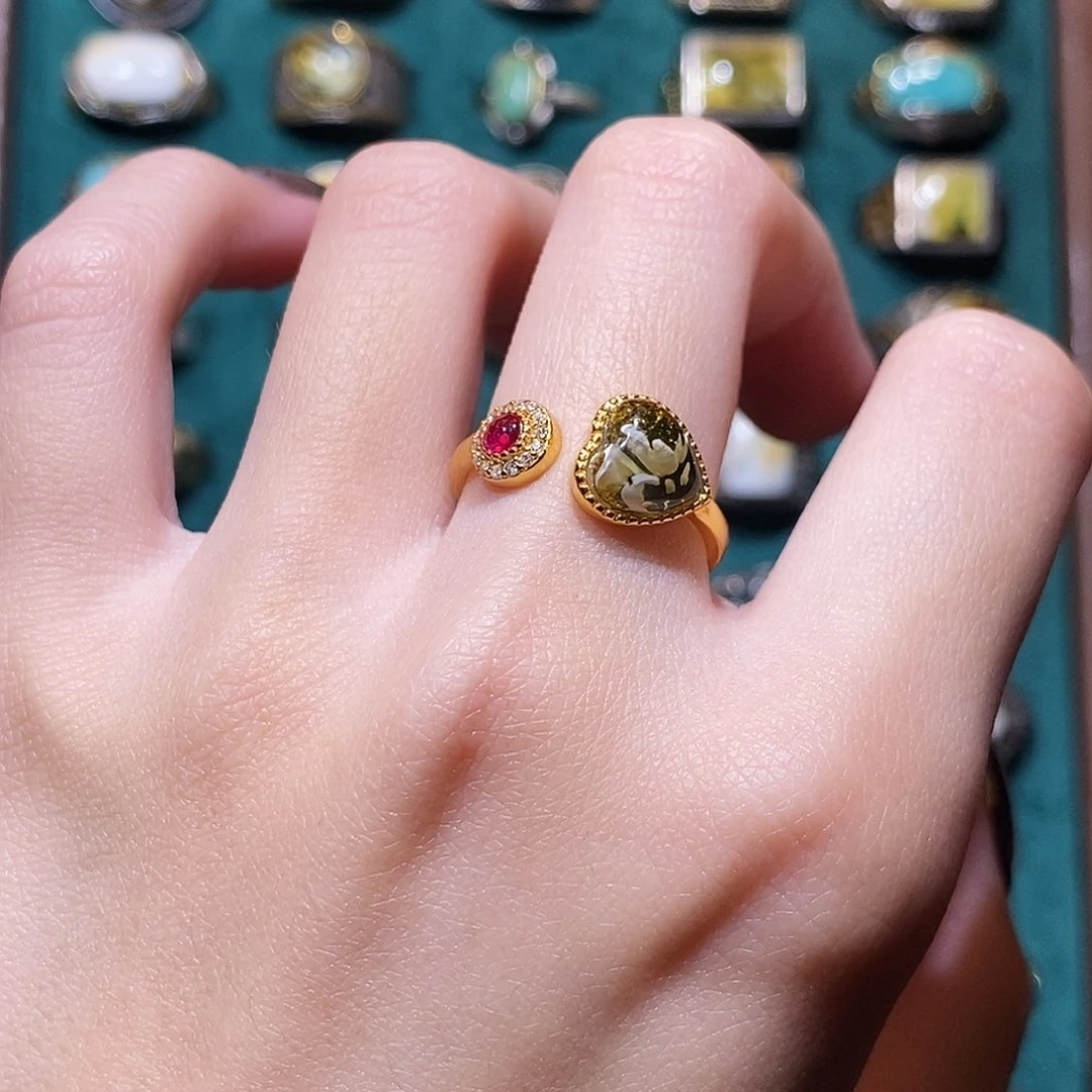 琥珀戒指银S925镀金镶嵌戒指