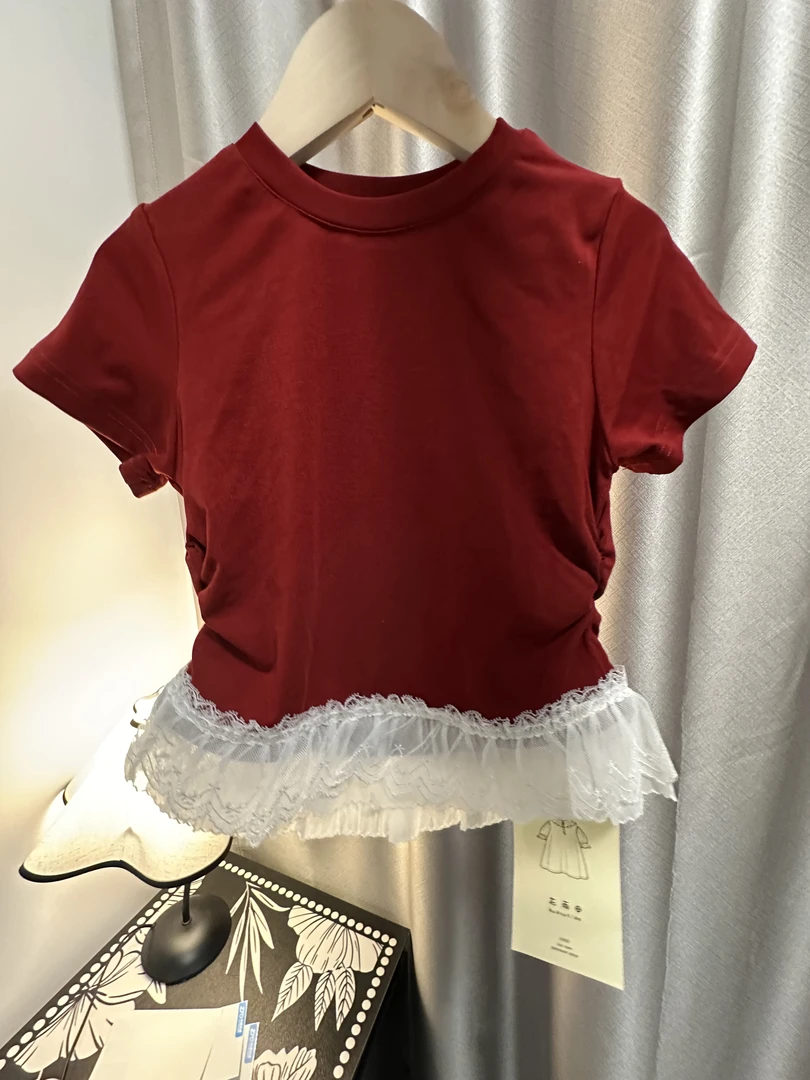 xc169红色可爱收腰花边女童短袖