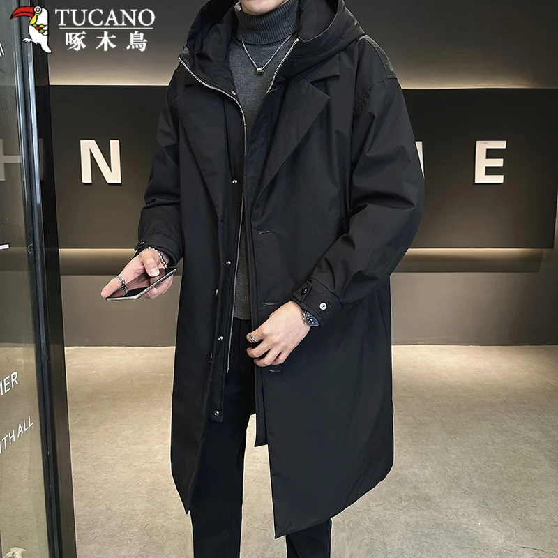 啄木鳥轻奢高品质男士假两件中长款防寒服连帽加厚风衣派克服