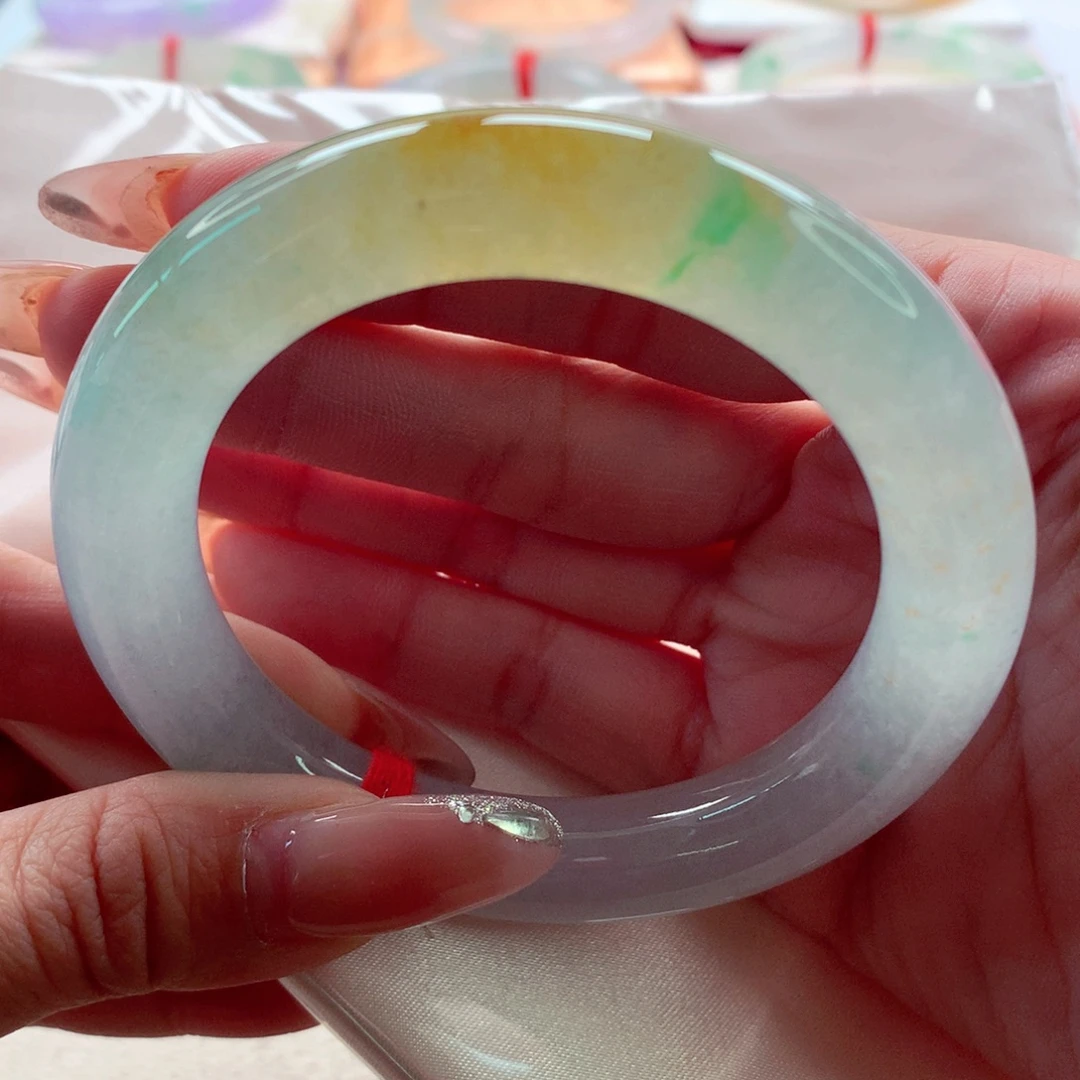 翡翠未镶嵌手镯55冰润油画彩黄绿胖圆透光特色胖圆