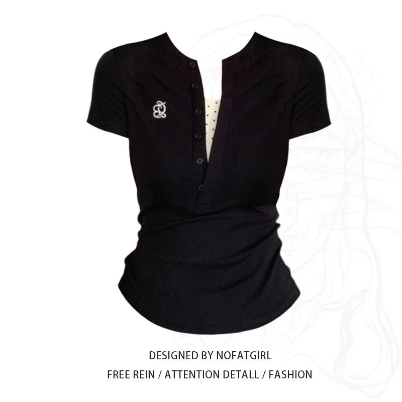 大码新款美式辣妹短袖T恤女夏季新款修身显瘦遮肉假两件正肩上衣