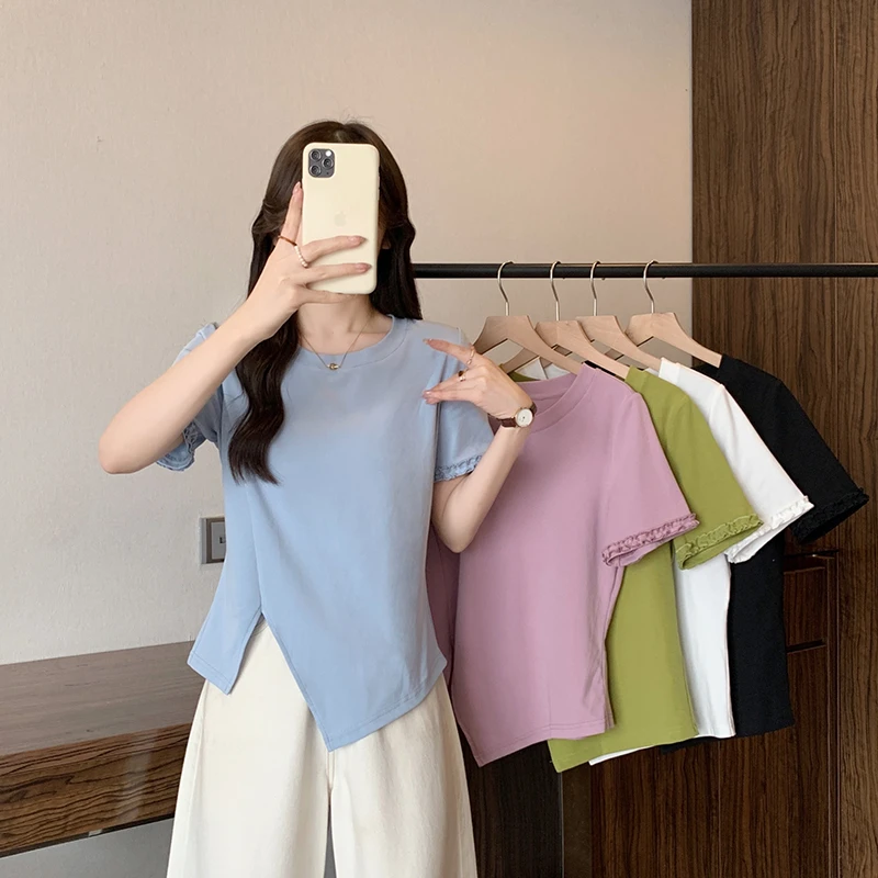 2025夏装新款胖mm大码女设计感圆领木耳边不规则短袖T恤35930