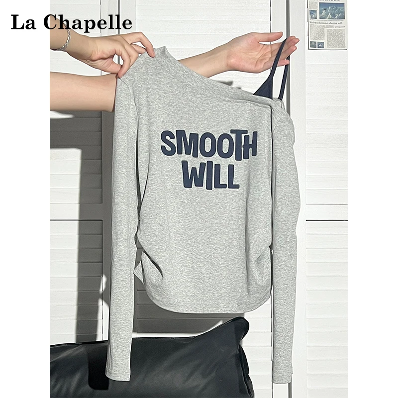 拉夏贝尔露肩拼接吊带字母印花长袖T恤女秋季新款假两件撞色上衣