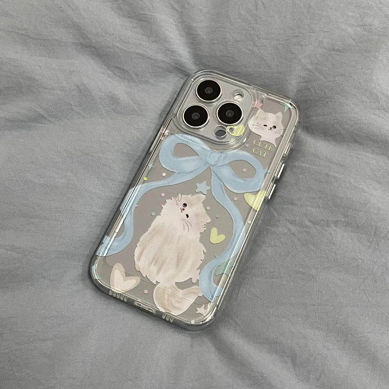 ins蓝色蝴蝶结猫咪适用苹果16promax手机壳15pro新款13小17promax