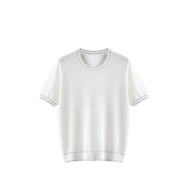 祯智服饰【小香风】桑蚕丝优雅气质撞色虚线格纹针织短袖JL-7927