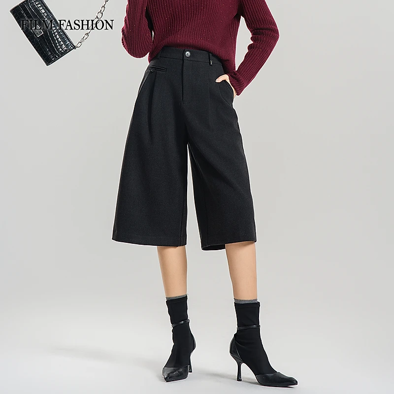 【白姐专属】冬季新款阔腿中裤羊毛黑色宽松女士休闲 FFSH147501