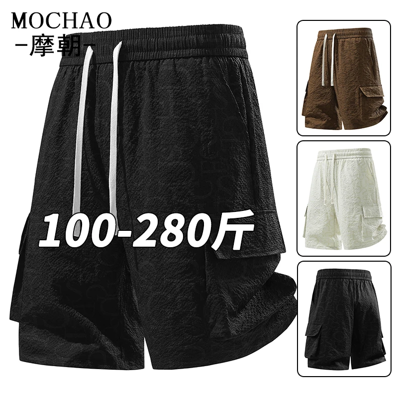 摩朝大码满印花工装短裤男夏季新款潮流宽松泡泡纱五分裤百搭中裤