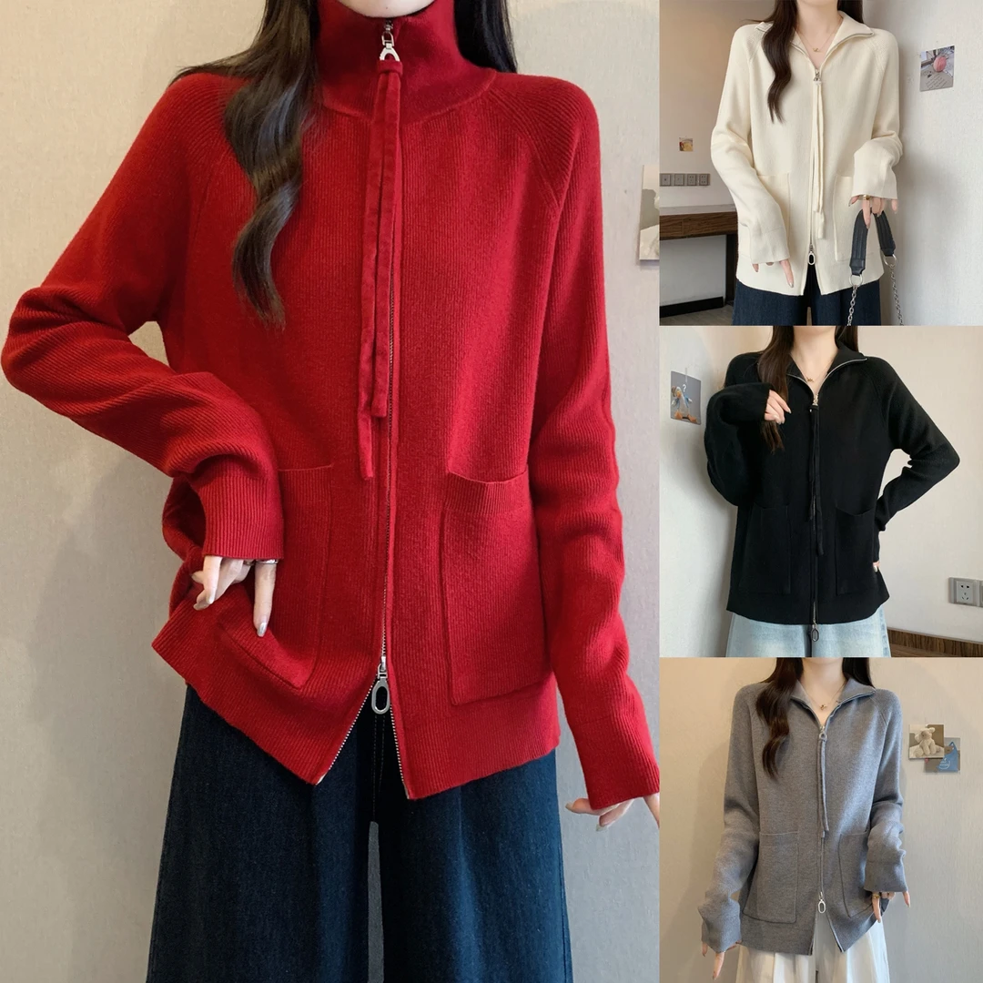 双拉链半高领针织开衫纯色秋冬新款大码韩版慵懒宽松显瘦毛衣外套