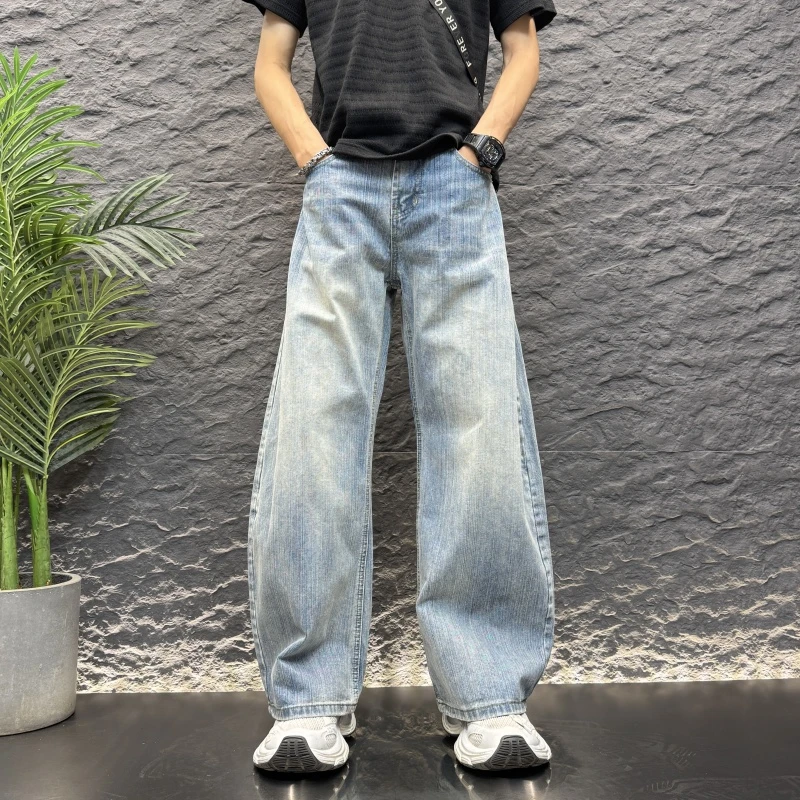 2025新款男士宽松纯色简约蓝色弯刀牛仔裤休初秋穿搭男士蓝色小脚