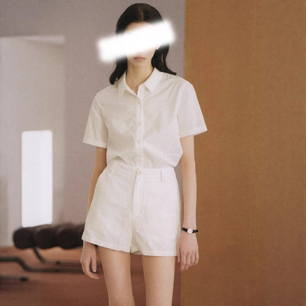 【简知】复古法式衬衫小众百搭白色上衣女夏季正肩短袖衬衫 520