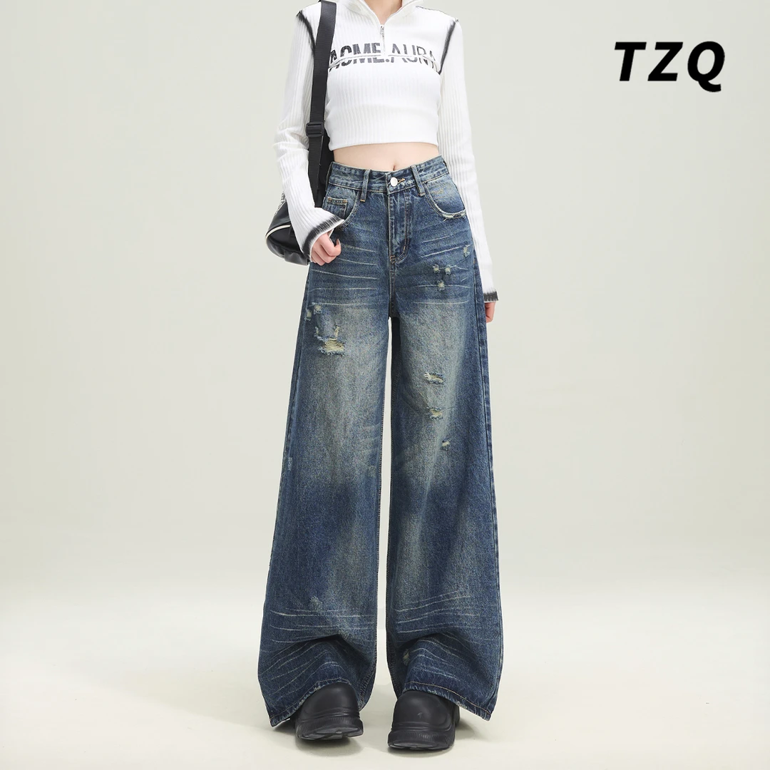 美式做旧破洞直筒牛仔裤女2025新款宽松显瘦阔腿长裤TZQ25010213