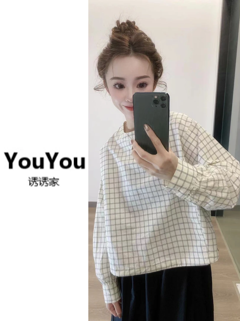 新款百搭格子套头后背扣子衬衫