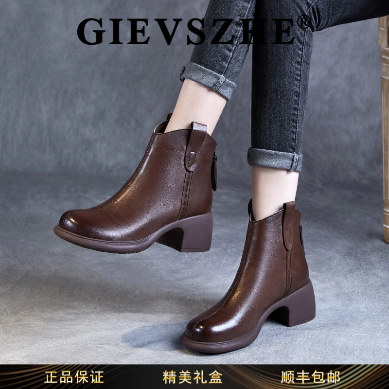 纪诗哲英伦风真皮小个子短靴女秋冬季复古妈妈款高帮皮鞋棕色女鞋